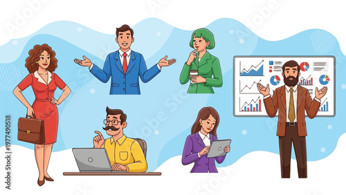 A diverse group of business professionals engaged in a meeting with a presentation and laptop blue background