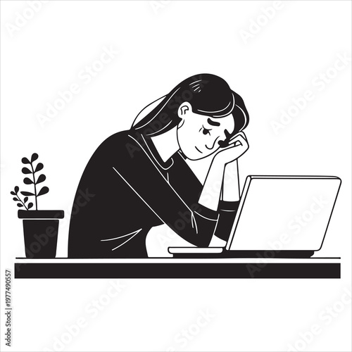 Silhouette vector illustration of depression while working on the computer