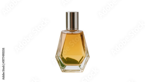 Geometric glass perfume bottle with amber liquid and silver cap