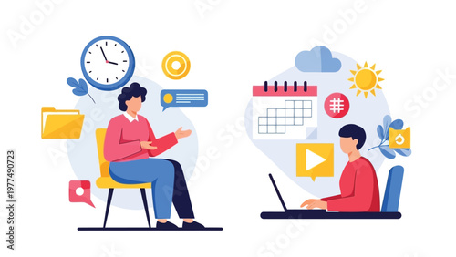 Two people working on laptop and notebook with time management and organization icons around them
