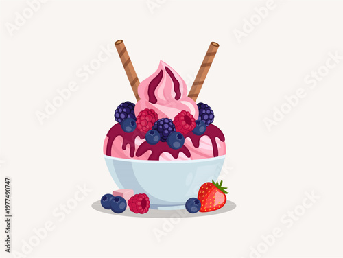 Strawberry Soft Serve Ice Cream in Bowl with Wafer Sticks and Fresh Mixed Berries, Vector Illustration.