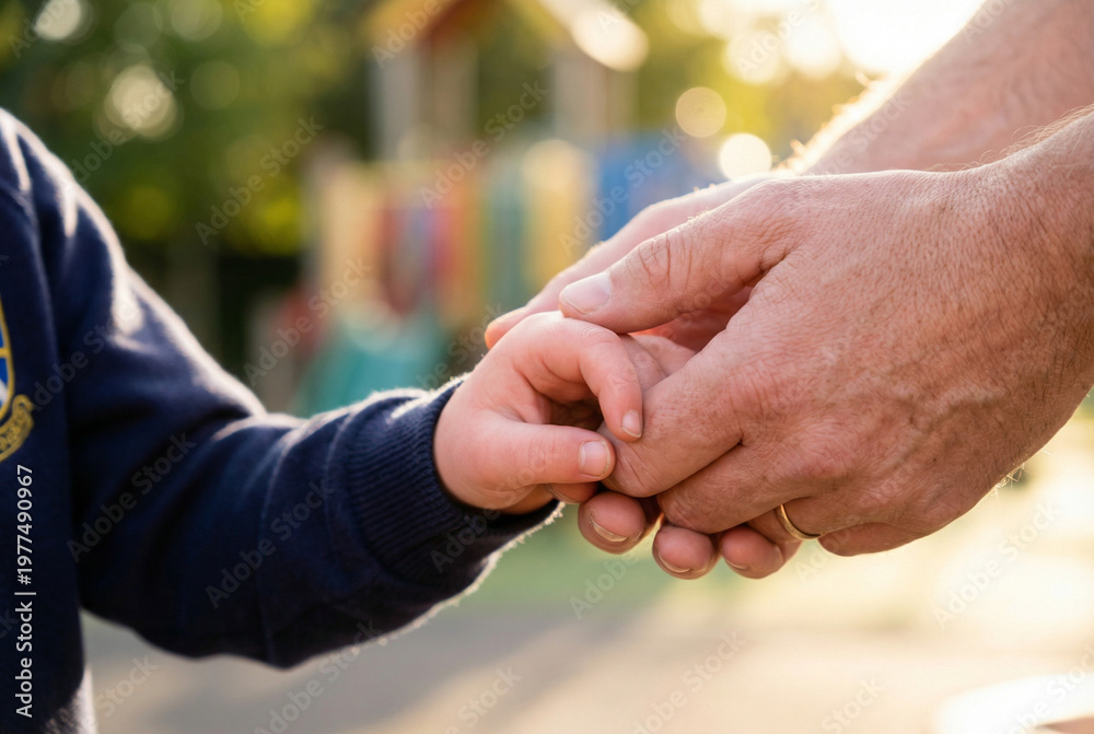 Fototapeta premium Child holding adult hand in sunlight at a playground 