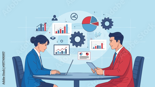 Business professionals analyzing data and graphs in a meeting setting with a blue background
