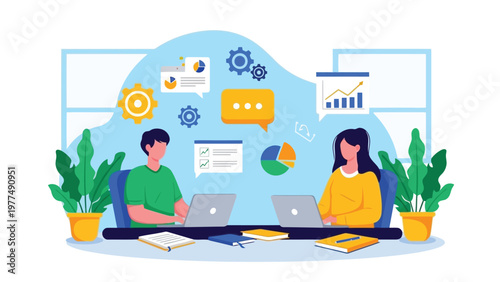 Two coworkers working on laptops with graphs and charts floating above them in a modern office setting with plants on the desk