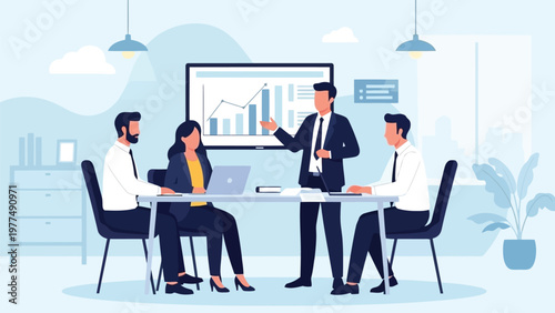 Business professionals in a meeting discussing graphs and data on a screen