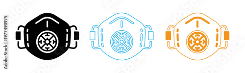 Three stylized masks a modern graphic design with orange and blue tones