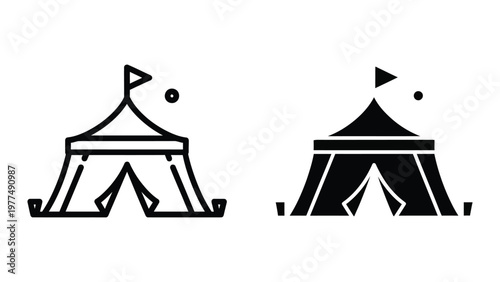 Contrast of traditional and modern circus or festival tents with flags