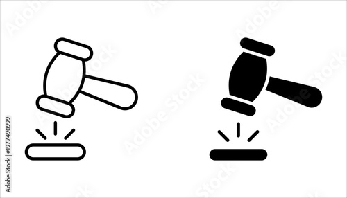 Judge gavel vector icon set featuring outline and silhouette styles for law justice and auction concepts