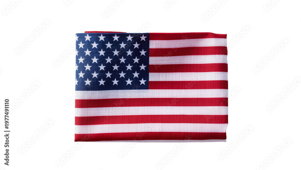 Fototapeta premium Folded American flag with red and white stripes and blue field with stars, isolated on transparent background