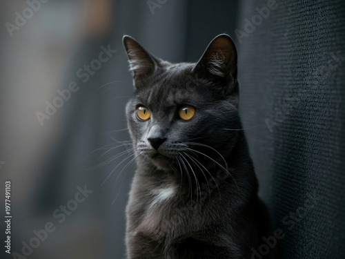 A sleek black cat with vibrant yellow eyes sits calmly in a dark room
