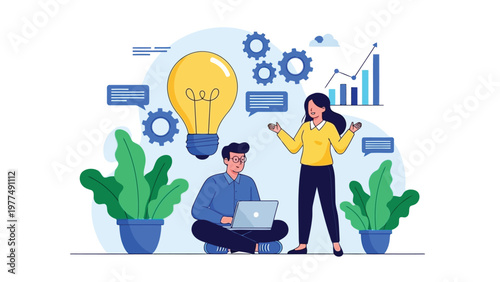 Two coworkers brainstorming ideas with lightbulb and gears floating above them