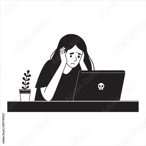 Silhouette vector illustration of depression while working on the computer