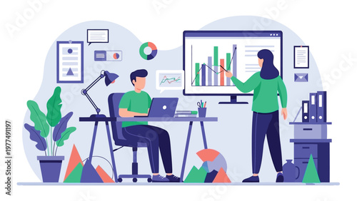 Business colleagues analyzing data on computer screen in modern office setting with graphs and charts around them