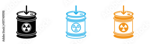 Radioactive waste disposal cylindrical containers with hazard symbols