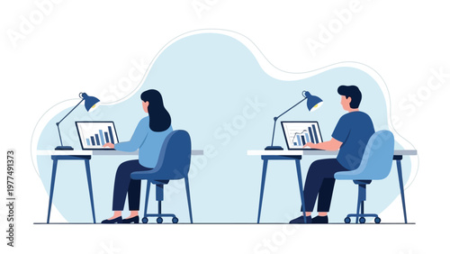 Two people sitting at desks with laptops and lamps in a modern office setting with a light blue background