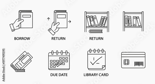 A graphic illustration of a library card and various book borrowing icons on a white background with borrow, return, due date, and library card icons.
