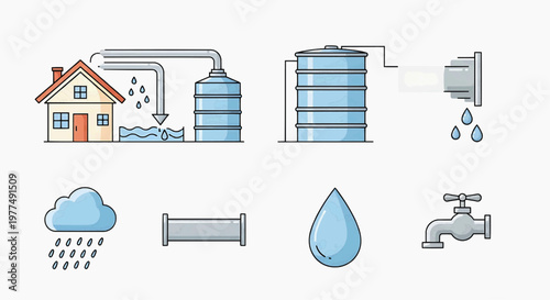 A house receives clean water from a treatment plant through pipes on a rainy day.