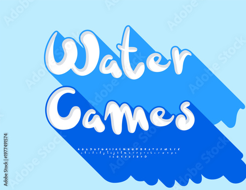 Vector Funny logo Water Games. Handwritten Font with Big Blue  Shadow. Playful 3D Alphabet Letters and Numbers set.