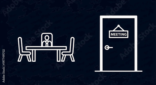 A meeting takes place inside with people sitting at a table and a door labeled meeting.