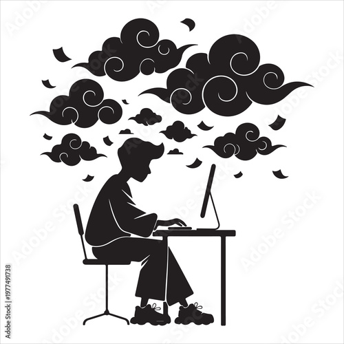 Silhouette vector illustration of depression while working on the computer