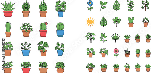 Potted Plant Icon Set Featuring Succulents, Cacti, Flowers, and Greenery for Web and App Designs