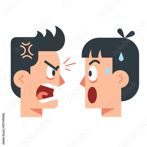 Angry man shouting at scared person, conflict, disagreement, stress, vector illustration
