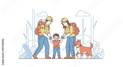 Family with dog on outdoor adventure.