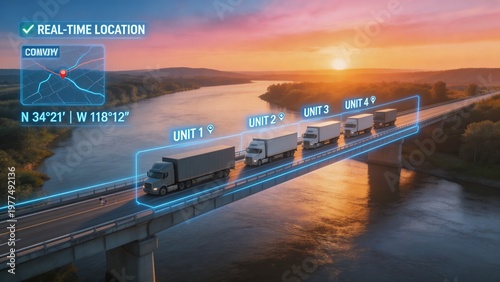 A fleet of trucks driving across a bridge over a river during a vibrant sunset with a GPS tracking system displayed, showcasing modern logistics and transportation technology.