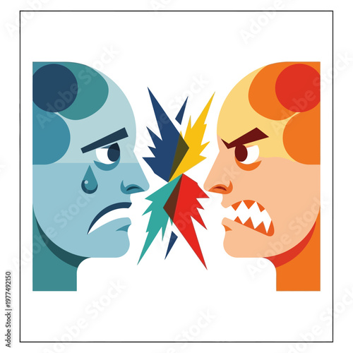 Conflict and disagreement abstract illustration of two faces, one sad, one angry, clashing