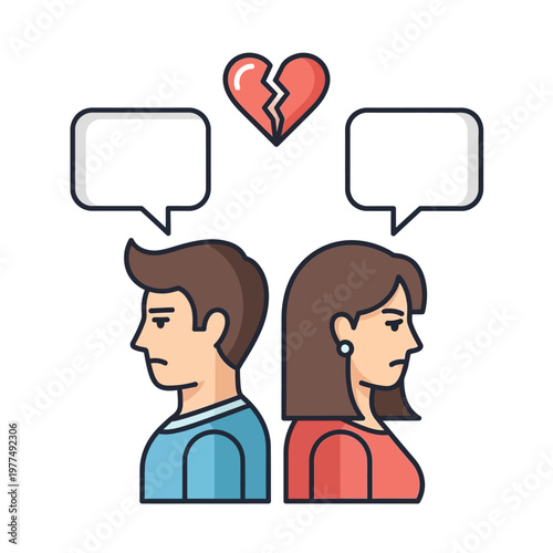 Couple arguing with broken heart and speech bubbles, relationship conflict illustration