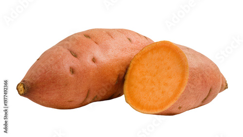 Whole and Cut Orange Sweet Potato Showing Interior Flesh