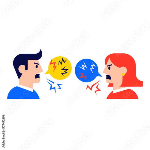 Couple arguing, communication breakdown, conflict, disagreement, angry faces, speech bubbles
