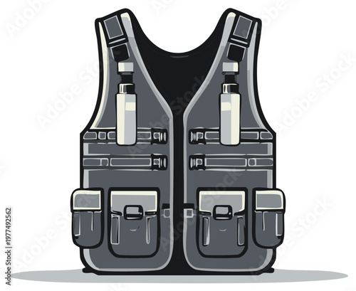 Grey Tactical Utility Vest Vector Illustration with Multiple Pockets and Adjustable Straps