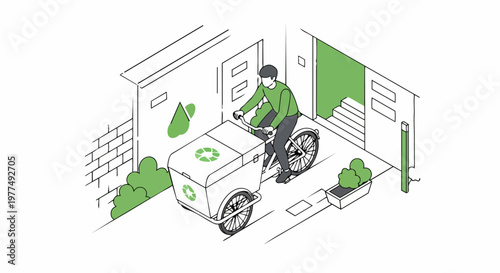 Isometric Illustration of an Eco-Friendly Delivery Courier on a Cargo Bike with Recycling Symbols
