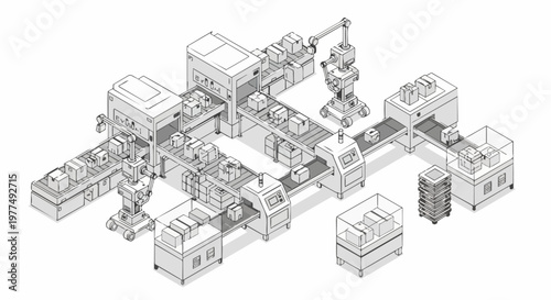 Isometric Line Art Illustration of an Automated Logistics Warehouse with Conveyor Belts, Robotic Arms, and Sorting Systems for E-commerce Fulfillment and Smart Manufacturing