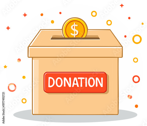 Donation box with a coin and the word donation in red and white, giving illustration.