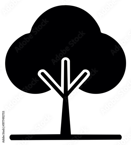 Stylized Silhouette Icon of a Tree with Round Canopy and Visible Roots