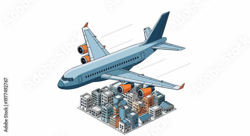 Isometric Vector Illustration of a Commercial Airplane Flying Over a Modern City. Global Travel, Transportation, and Logistics Concept Isolated on White.