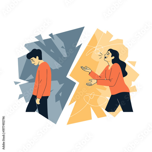 Couple arguing, emotional conflict, man sad, woman shouting, relationship problems