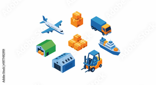 Isometric Logistics and Global Supply Chain Icons Set with Transport Vehicles, Warehouse, and Cargo