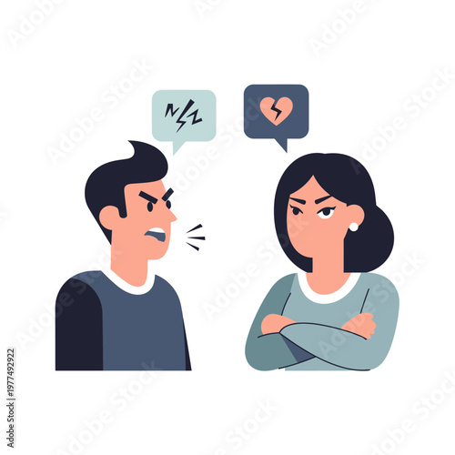 Couple arguing, relationship conflict, broken heart symbol and anger speech bubbles