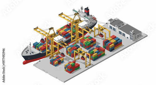 Isometric Cargo Ship and Port Terminal Illustration for Global Logistics, Shipping, and International Trade Supply Chain Management