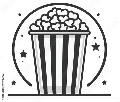 Iconic striped popcorn bucket filled with fluffy kernels, surrounded by stars and a circular frame, symbolizing cinema and entertainment.
