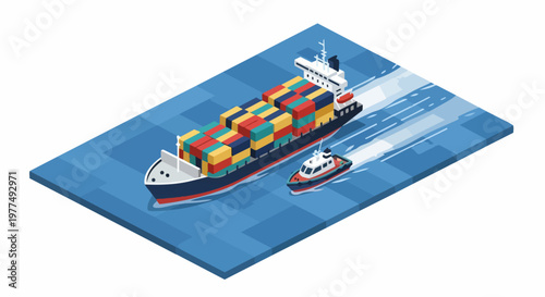 Isometric Vector Illustration of a Cargo Container Ship and Pilot Boat at Sea for Global Logistics and Maritime Trade