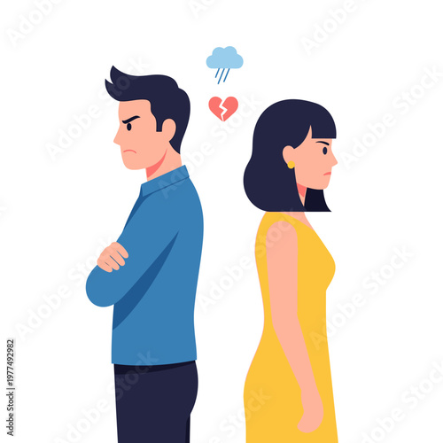 Couple Arguing, Relationship Conflict, Broken Heart Symbol, Sadness, White Background