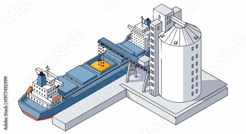 Isometric Illustration of Bulk Carrier Ship Loading Grain from a Silo Terminal for International Export and Logistics
