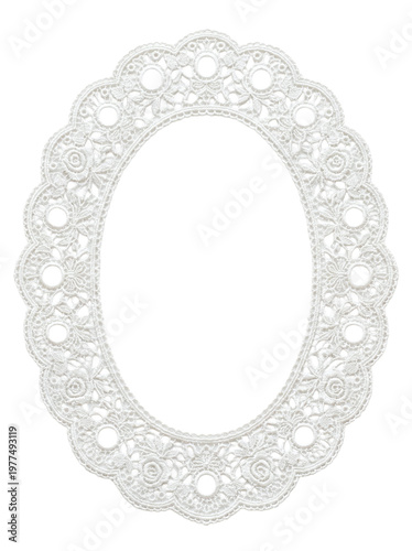 Foto Elegant oval white lace frame with embroidered roses and circular cutouts on a t