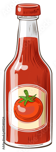 Glass bottle full of ketchup with tomato label illustration vector, condiment, dressing
