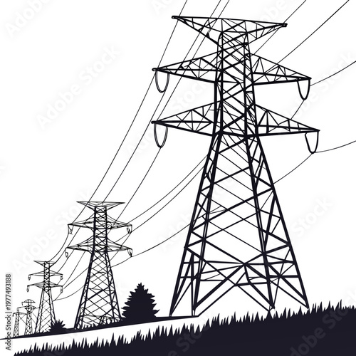 Electric power transmission towers with wires on a grassy hill