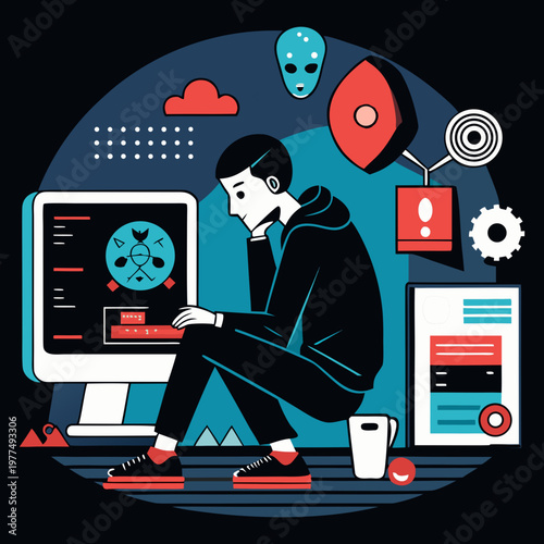 Silhouette vector illustration of depression while working on the computer